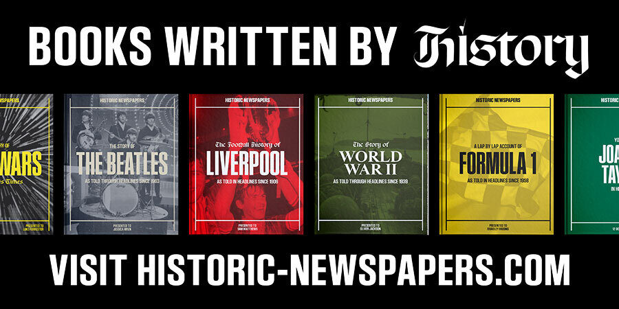 Advertisement Historic Newspapers - books written by history. A row of coloured book covers showcasing historical events featured in newspapers.