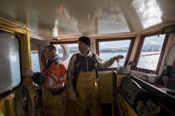 Two fishermen standing inside a fishing boat out to sea. They are looking towards the back of the boat.