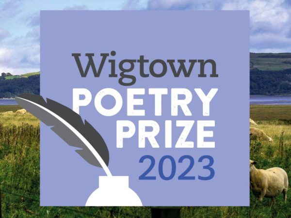 Graphic logo for Wigtown Poetry Prize 2023 against a field with sheep and Wigown Bay.