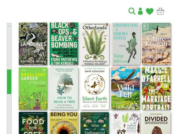 A collection of 15 book covers mostly with greens and blues or natural subject matter. Ferns, trees, landscape.