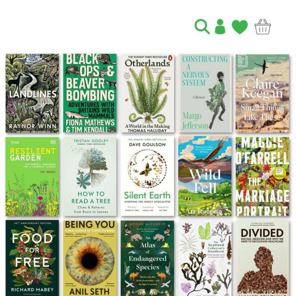 A selection of book covers in greens and with natural images including ferns, trees and landscape.