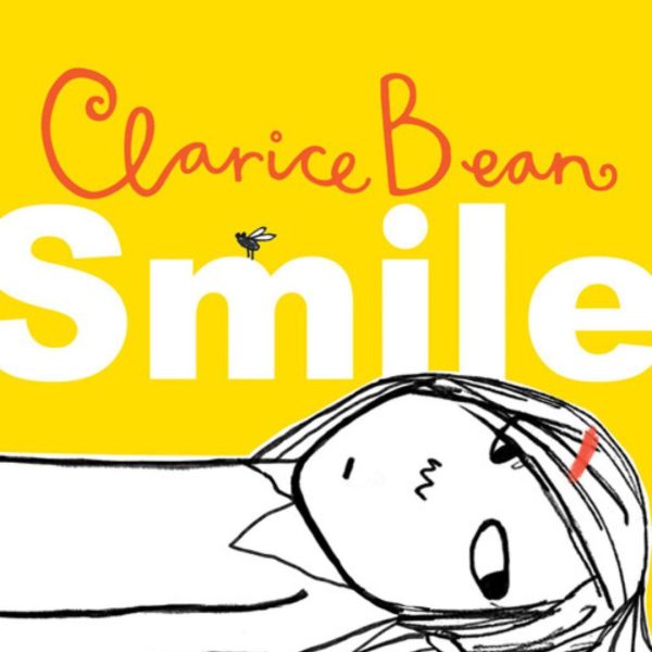 Children's book cover Smile by Clarice Bean. Yellow background with illustrated girl lying down facing towards you not smiling.