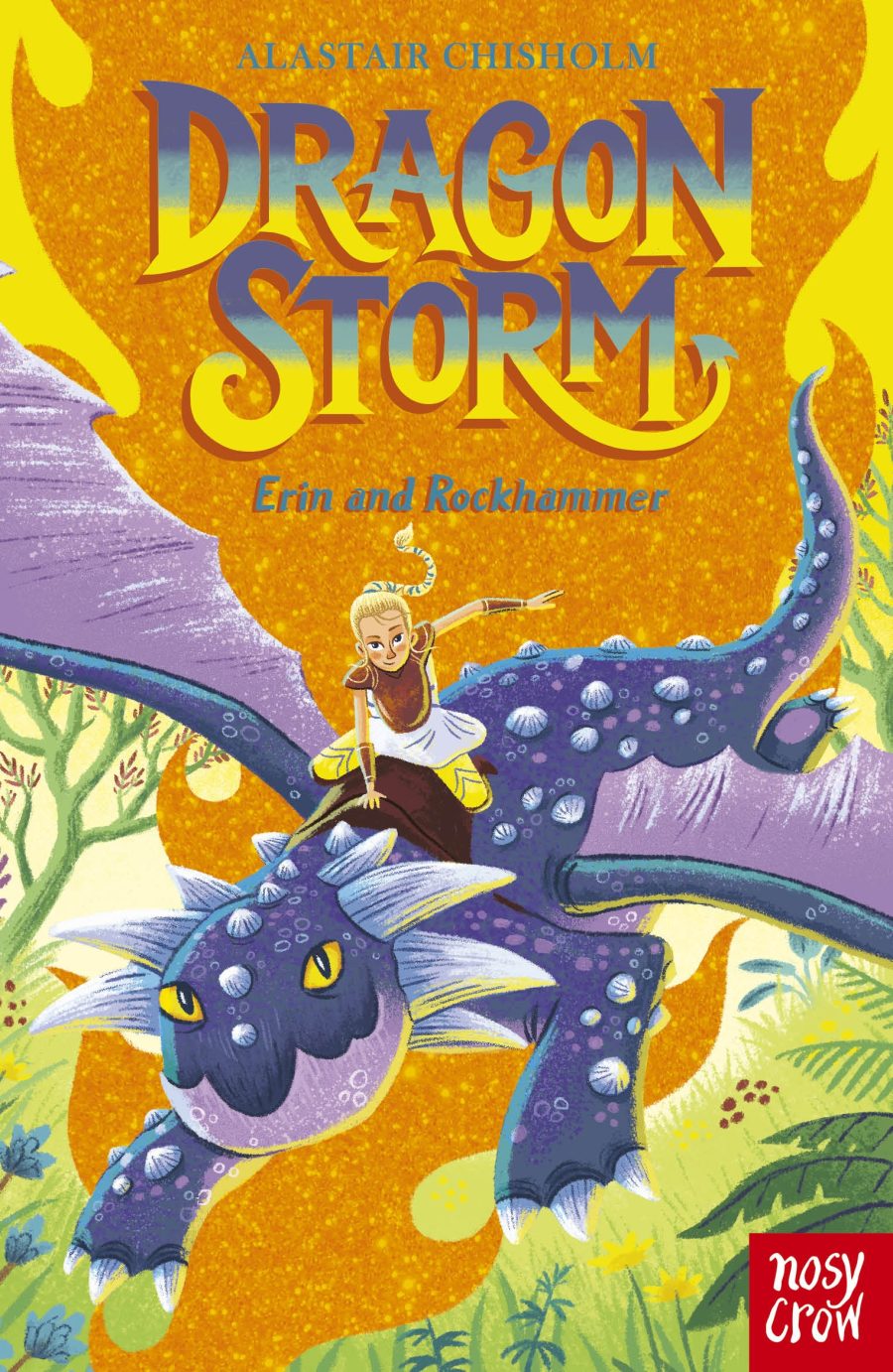 Book cover of Dragon Storm by Alastair Chisholm. A young girl is riding on the back of a purple dragon flying through a forest.