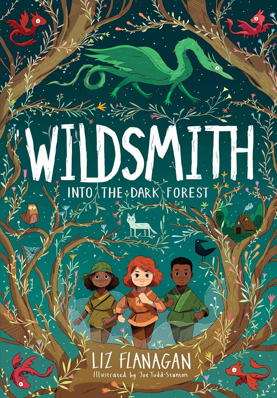 Cover of Wildsmith Into the dark forest by Liz Flanagan. Three children walking through a woodland surrounded by dragons, a fox and owl and a raven. A small cottage with smoke curling from the chimney sits on a branch.