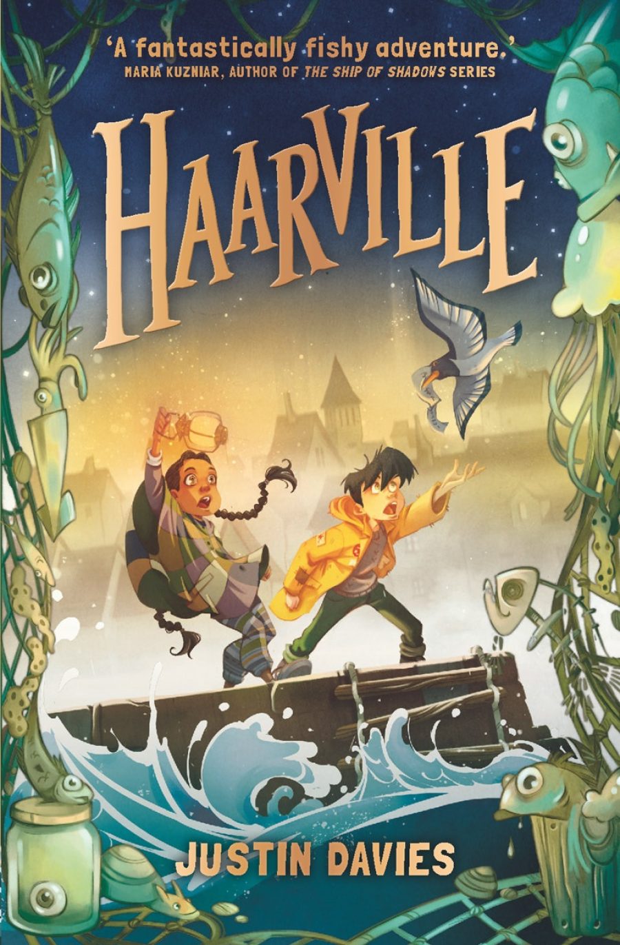 Book cover of Haarville by Justin Davies. Two children stand on a harbour with splashing waves below them, gasping as a seagull flies above holding a paper note in its beak. Behind them houses in the mist.