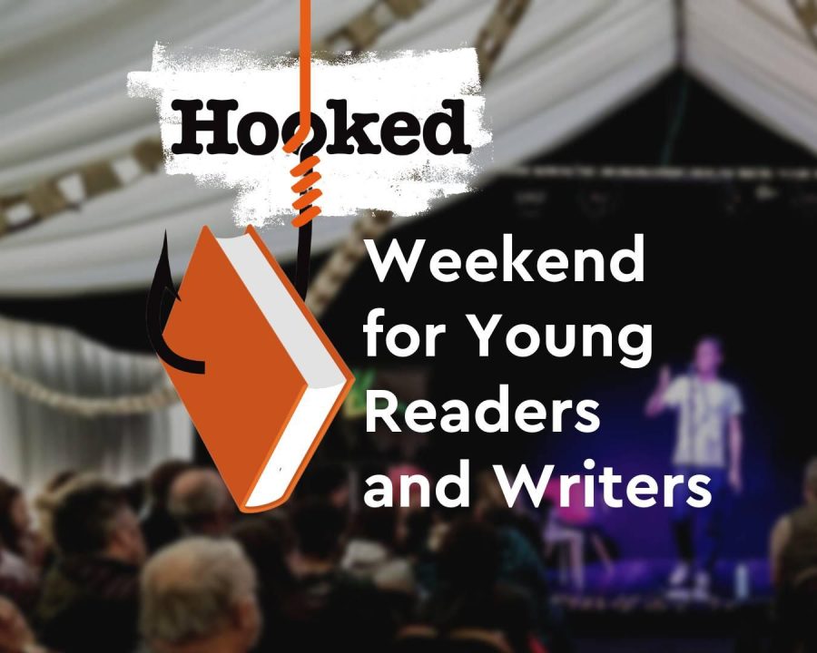 Hooked logo overlaying a Wigtown Book Festival event.