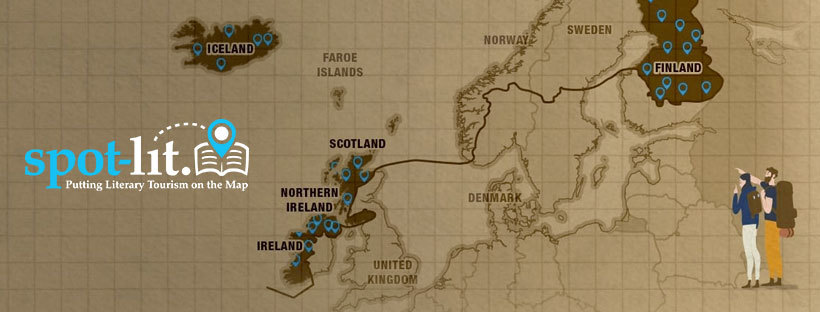 An old map showing Northern Europe. Two cartoon travellers are pointing upwards. A graphic saying Spot-lit on the left of the picture.